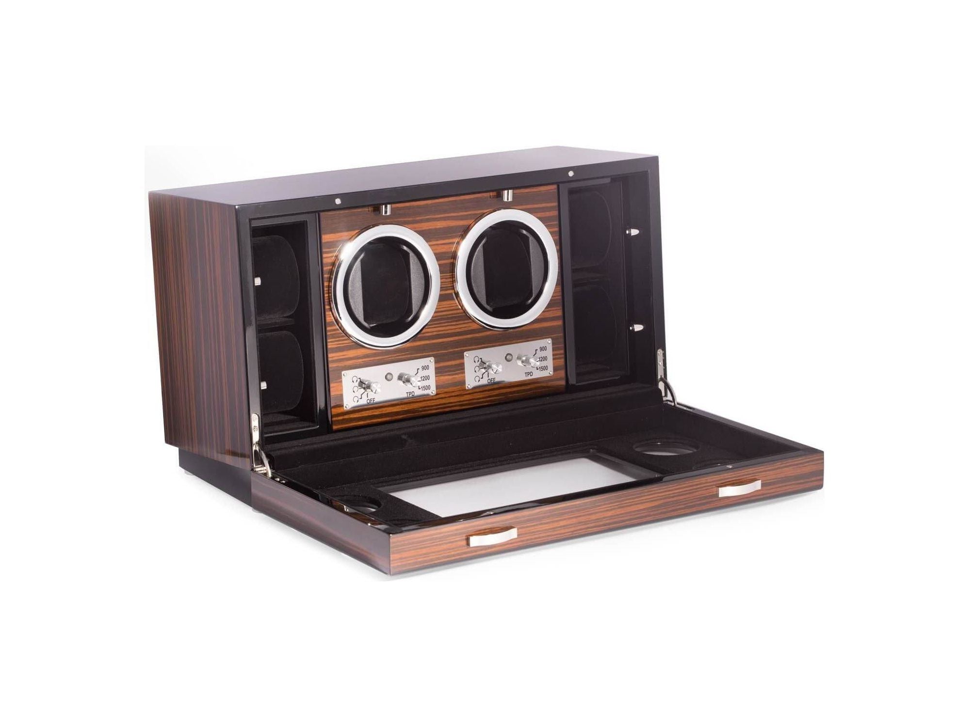 Remontoir de montres "CEO" en ébène avec compartiments et commandes pour 2 montres, design élégant.