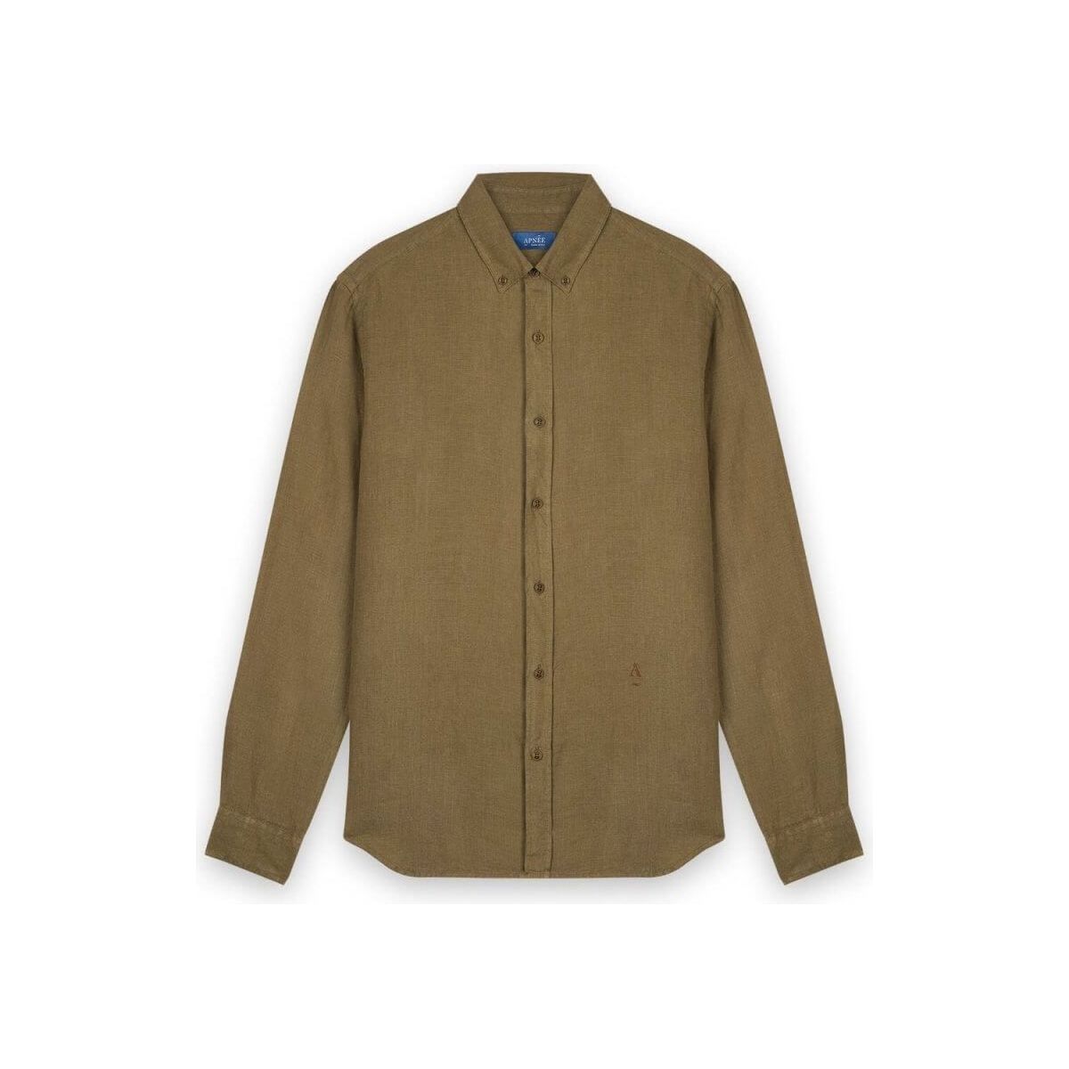 Homme chemise en lin naturel européen, coupe classique, col boutonné, couleur olive, manches longues.