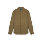 Homme chemise en lin naturel européen, coupe classique, col boutonné, couleur olive, manches longues.