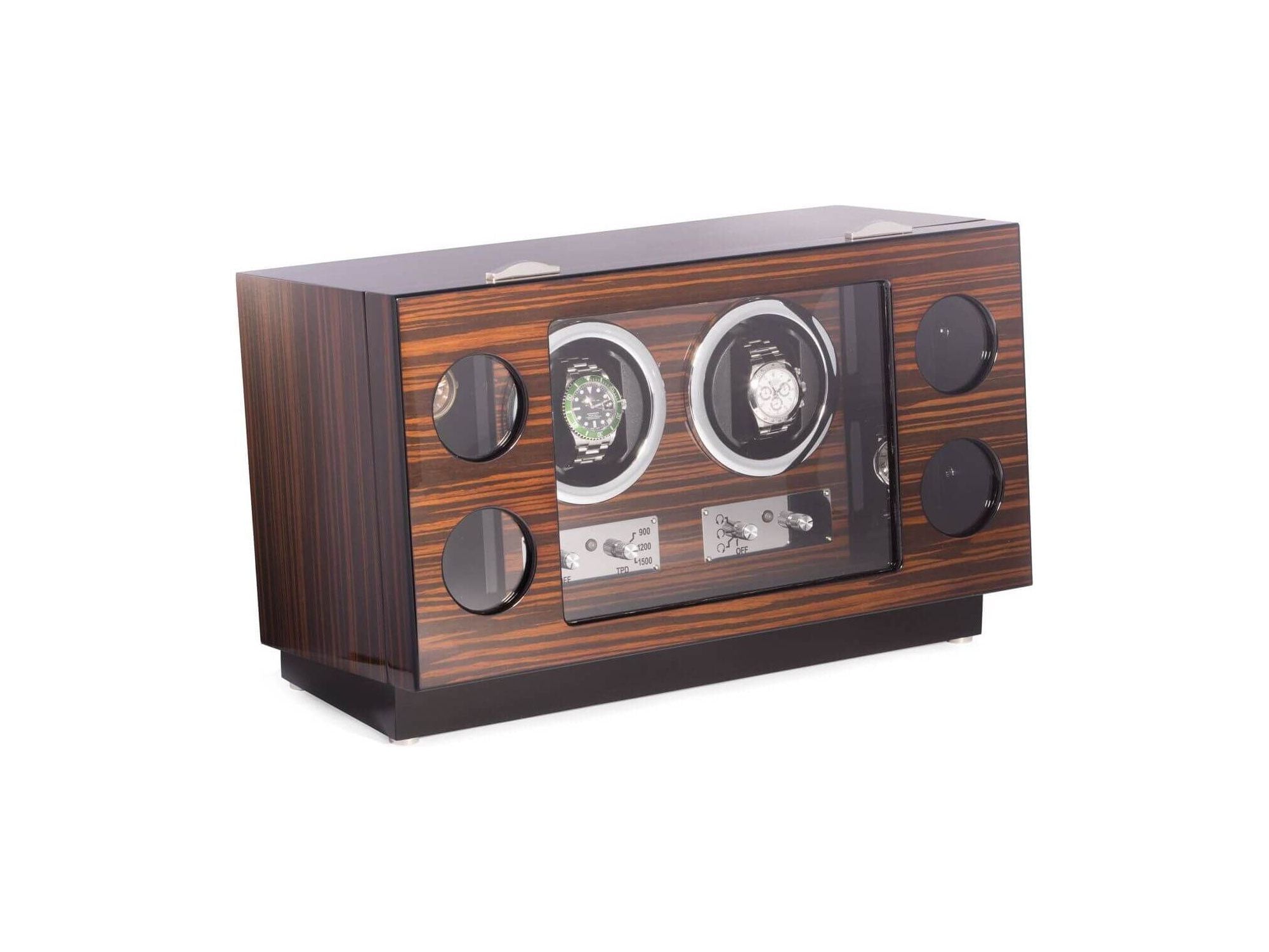 Remontoir de montres "CEO" en bois ébène avec rangement pour 4 montres et façade en verre.