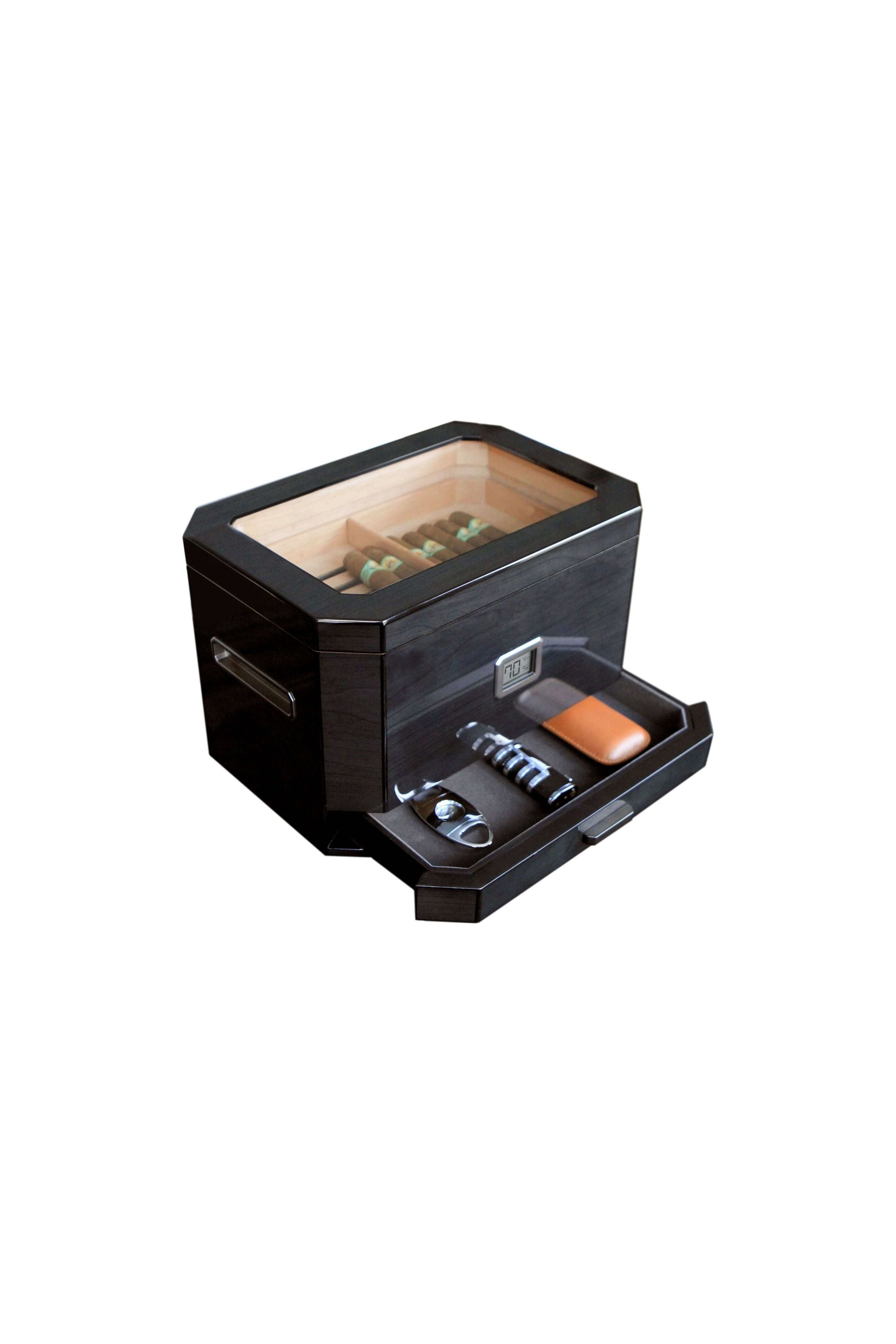 Humidor à couvercle en verre Octodor de Klaro avec cigares et accessoires élégants.