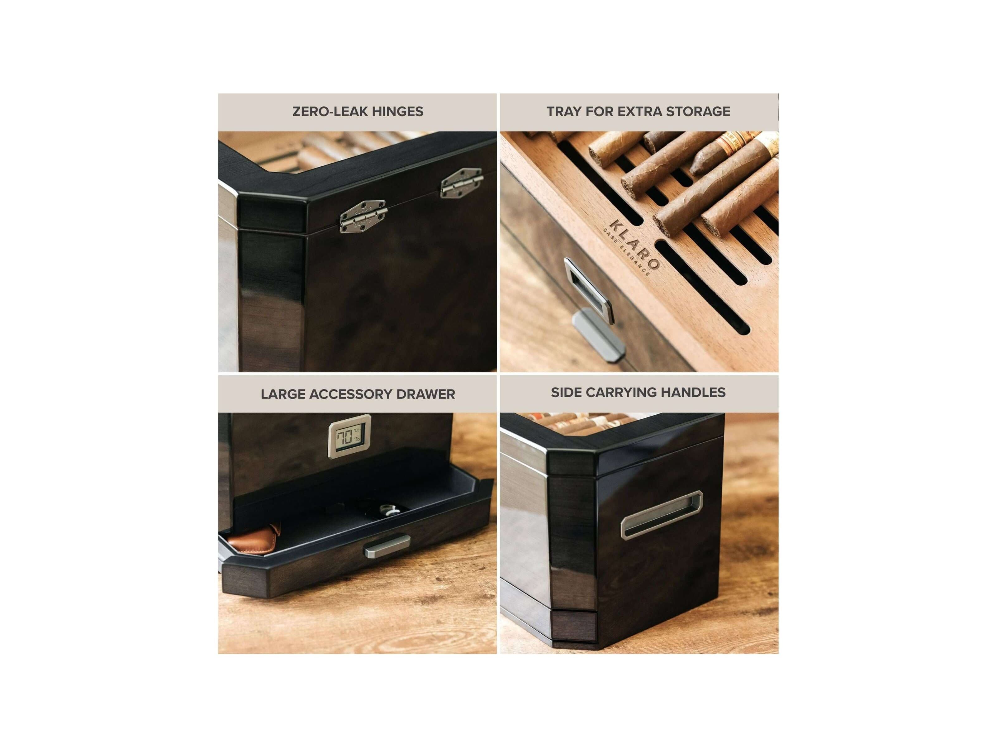 Humidor Octodor features zero-leak hinges, extra storage tray, large accessory drawer, and side carrying handles.