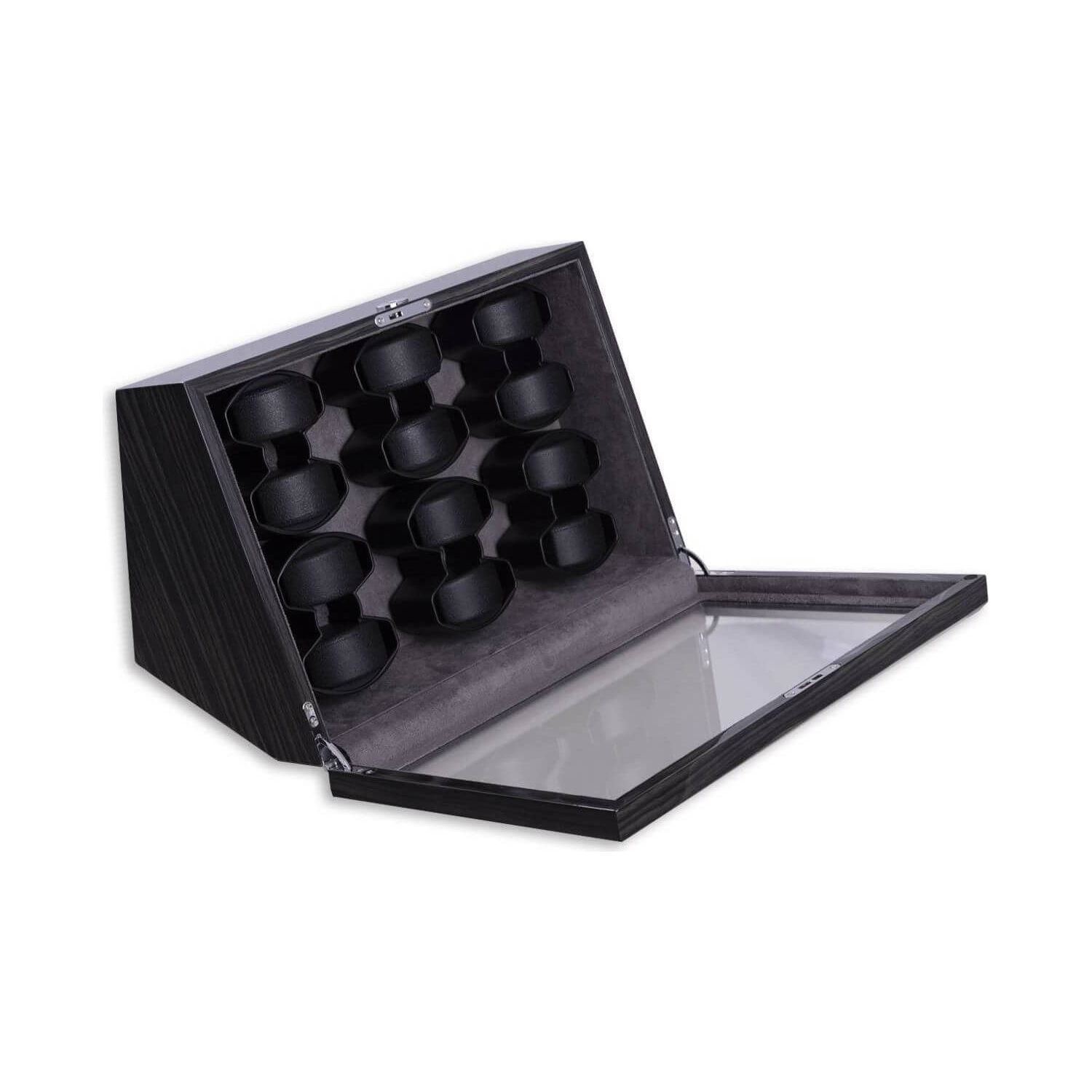 Remontoir de Montres Cosmo Twelve en bois de frêne poli, conçu pour 12 montres avec vitrine élégante et pratique.