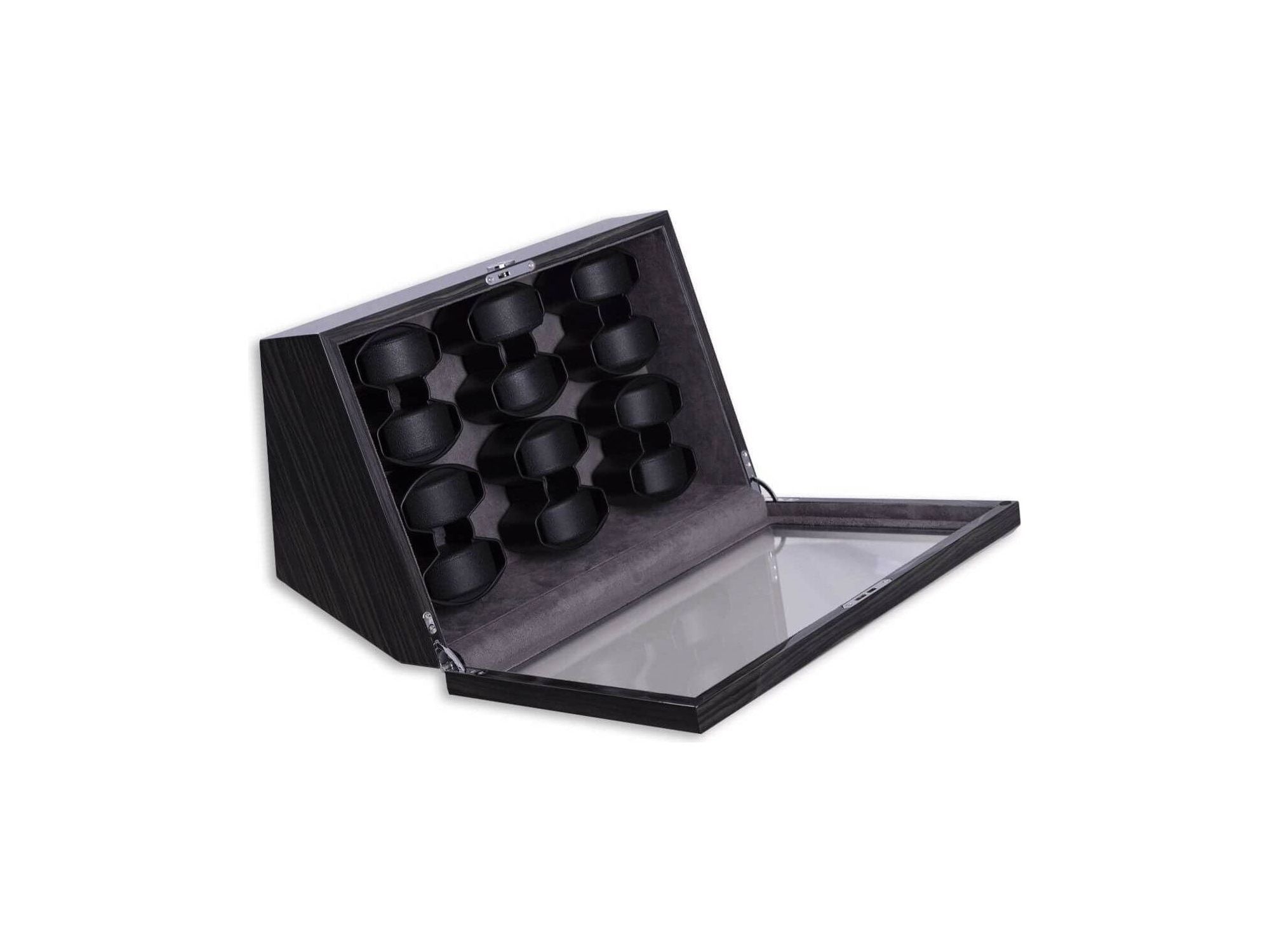 Remontoir de Montres Cosmo Twelve en bois de frêne poli, conçu pour 12 montres avec vitrine élégante et pratique.