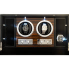 Remontoir en bois de loupe pour 2 montres avec LED et options d'enroulement, design élégant et moderne.
