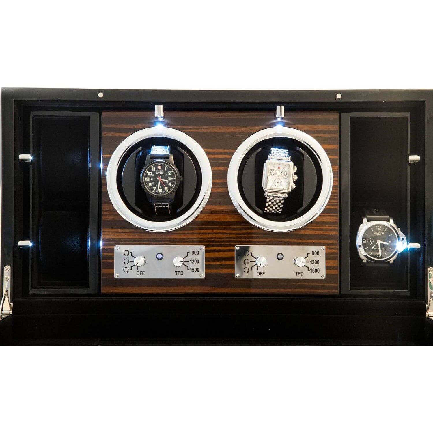 Remontoir en bois de loupe pour 2 montres avec LED et options d'enroulement, design élégant et moderne.