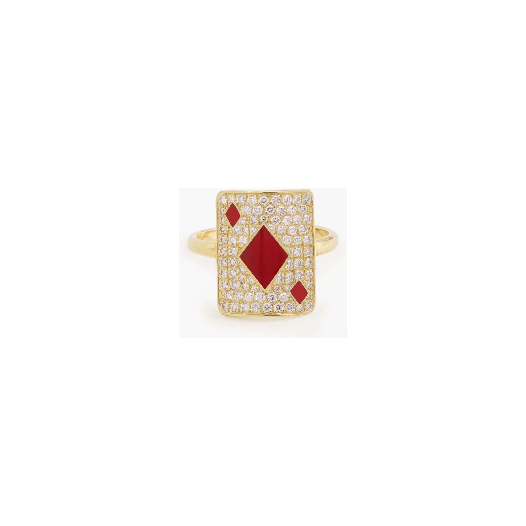 Bague en or jaune avec diamants et émaillage rouge, design élégant et moderne.
