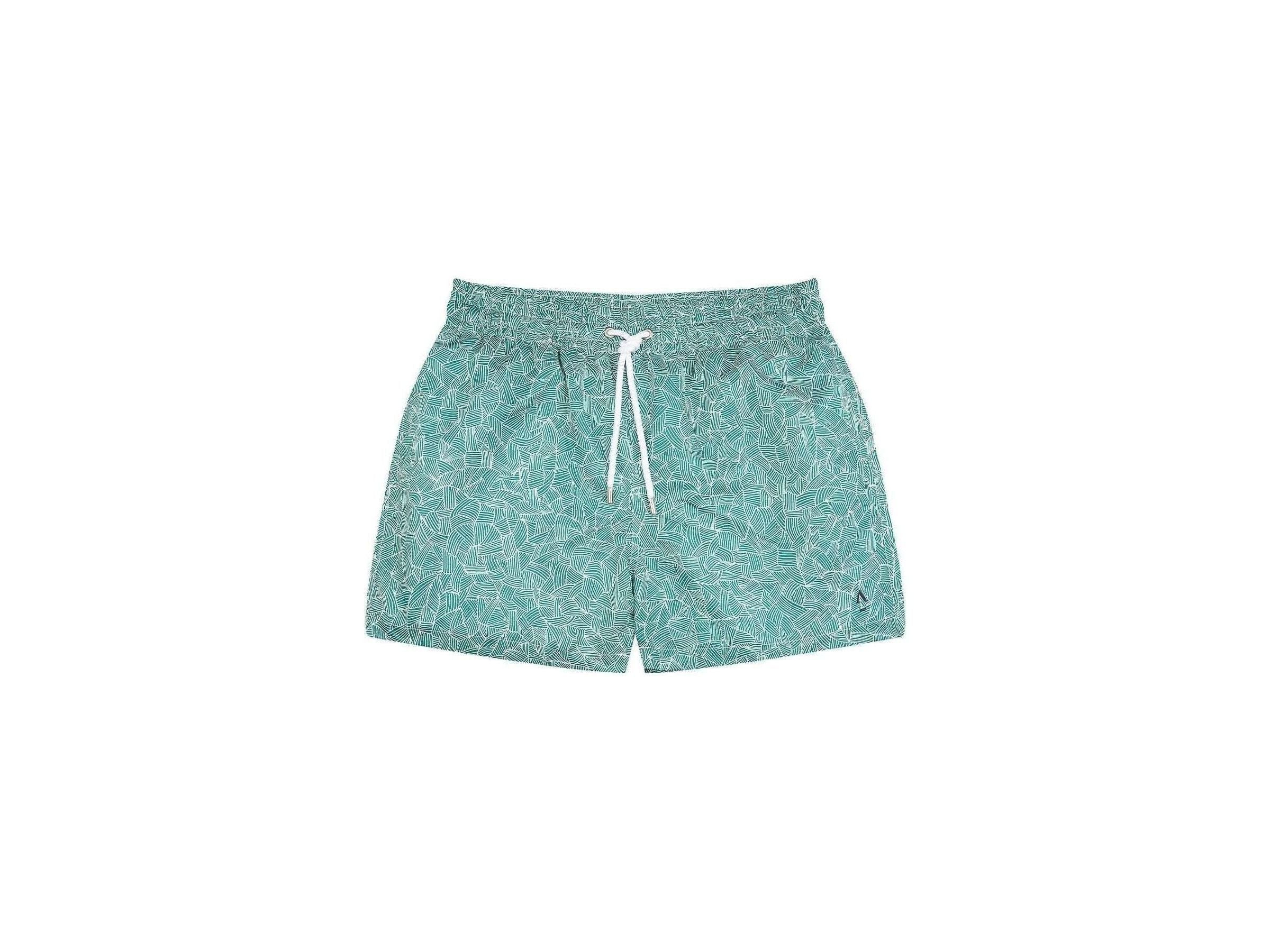 Short de bain Reflets en polyester recyclé, coupe mi-cuisses, poches latérales, couleur turquoise avec motif abstract.