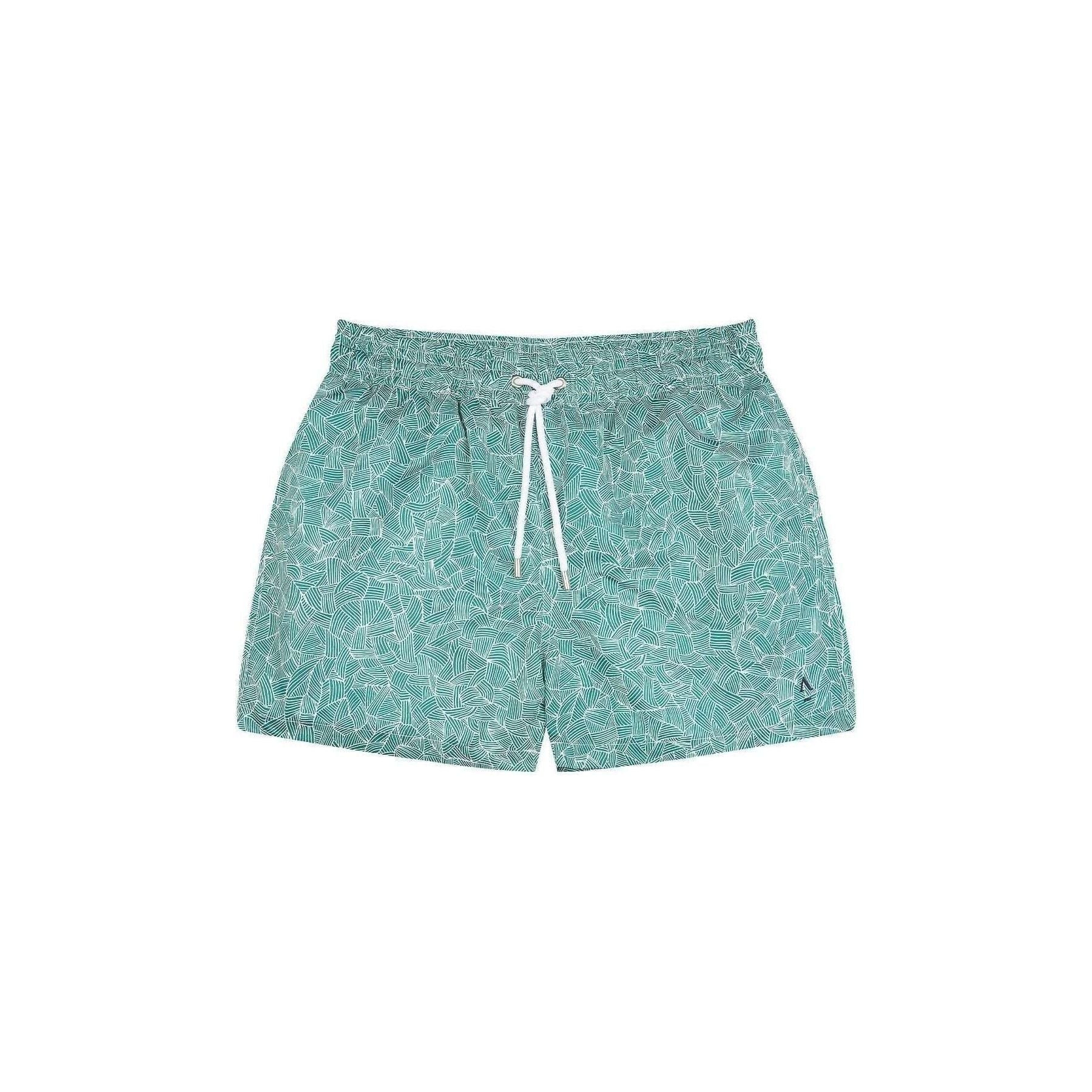 Short de bain Reflets en polyester recyclé, coupe mi-cuisses, poches latérales, couleur turquoise avec motif abstract.